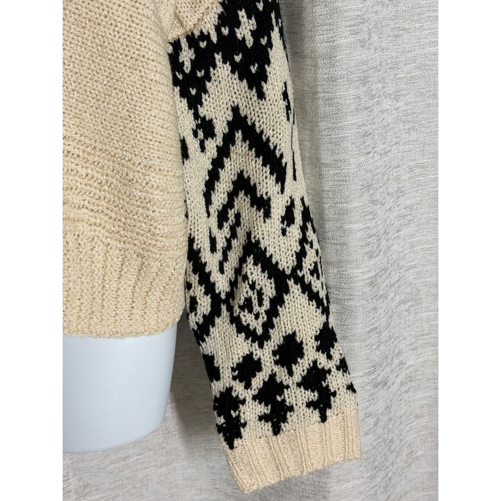 POL Clothing Women Cream Black Tribal Geometric Knit V-Neck Sweater BST217A Med - Picture 2 of 6